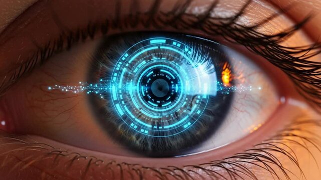 Human eye with futuristic digital iris overlay