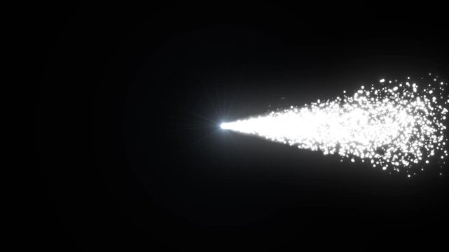 White shining comet on space animation isolated on black background