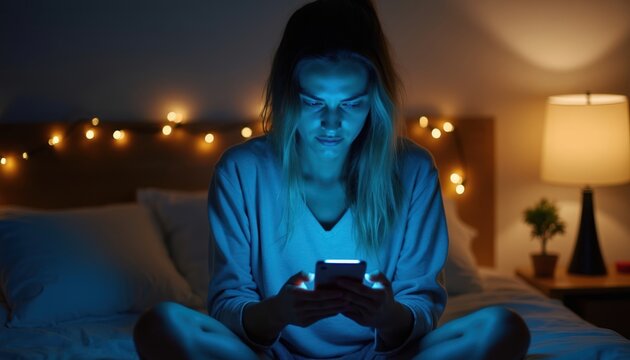 Young woman in bed illuminated by phone screen light. Blue light from mobile device affects sleep. Constant scrolling causes fatigue and eye strain. Internet addiction concept.