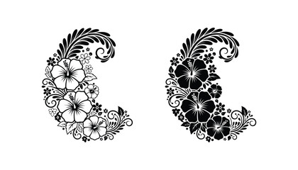 Hibiscus flower crescent moon floral composition vector set in linear and solid black style for tropical themed design and branding © Vertex