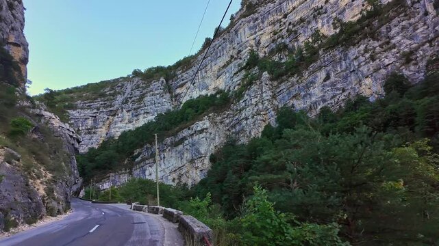 Panoramic road through the largest canyon in Europe, Gorges du Verdon in Provence, France. Landscape of the Gorges Du Verdon in south-eastern France. Provence-Alpes-Cote d'Azur.