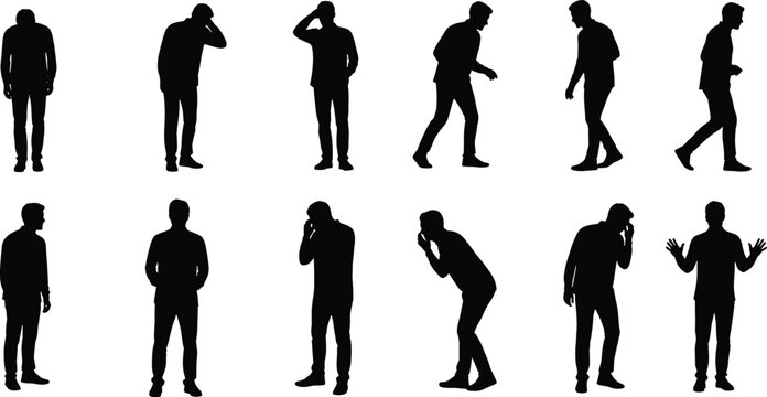 Collection of black silhouettes showing a man in various states of sadness grief and physical pain isolated on white background