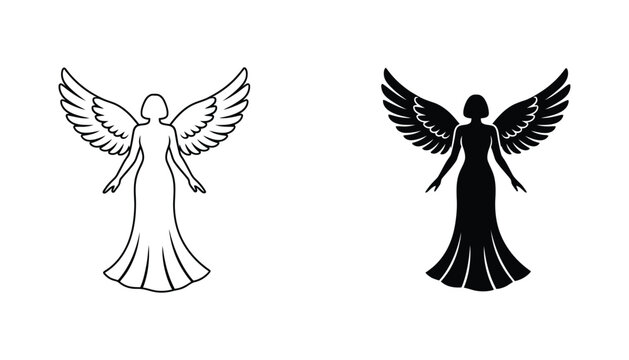 Angel with wings silhouette icon set featuring divine female figure in clean outline and solid black vector graphic styles for spiritual themes