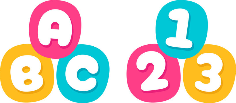 Cute cartoon ABC letters and 123 numbers icon, bright flat vector illustration. Children math and language education, school logo.