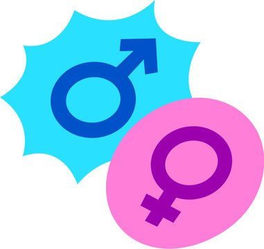 Male and female gender icons on pink and blue background, cute comic style drawing. Vector clipart illustration.