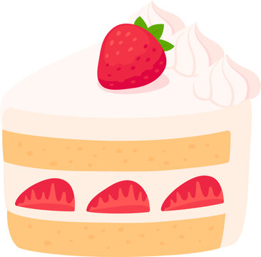 Japanese strawberry shortcake piece illustration. Sponge cake with whipped cream and strawberries. Cartoon vector clip art.