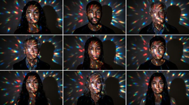 A grid of nine diverse individuals with their faces illuminated by colorful, scattered light patterns from a disco ball effect, creating a vibrant and artistic portrait series.