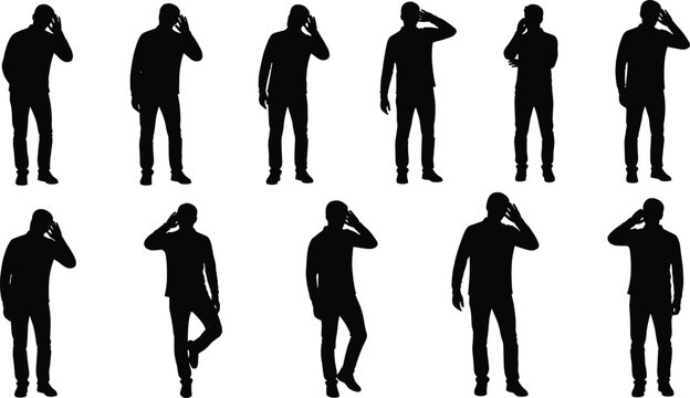 Collection of black silhouettes showing a man in various standing poses while talking on a mobile phone isolated on white background