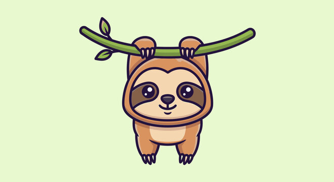 Cartoon sloth hanging from branch illustration for nature or animal themes