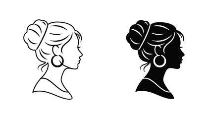 Elegant woman head profile illustration with a stylish bun hairstyle and large hoop earring in outline and solid black for beauty and fashion designs © Vertex