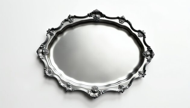 Ornate silver serving tray sits on a clean white surface. This empty platter has decorative edges and a reflective metallic finish, perfect for presentation.