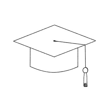 Hand drawn illustration of a graduation cap mortarboard with a hanging tassel, minimalist black and white line art sketch of educational achievement