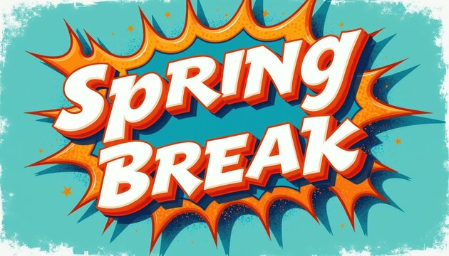 Retro comic pop art style lettering declares Spring Break. Orange starburst shapes explode behind white text with red and blue shadows on turquoise background.