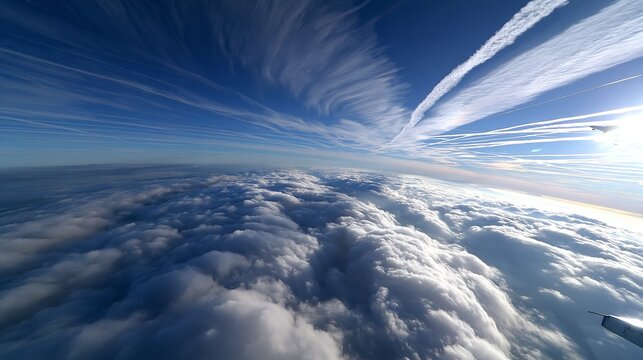 Blick aus einem Flugzeugfenster auf eine ausgedehnte Wolkendecke unter einem strahlend blauen Himmel mit Kondensstreifen. Chemtrail Verschw&ouml;rungstheorie