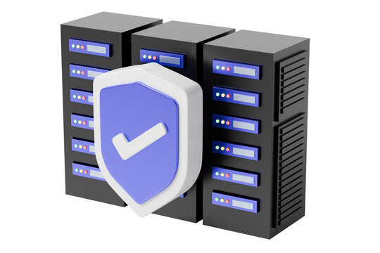 3d secure server shield icon. database hosting protection concept. minimal cartoon server racks with checkmark shield. isolated on white transparent background. 3d render.