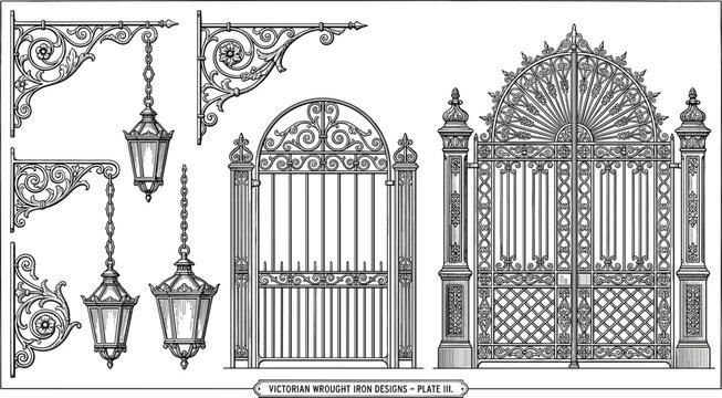 Victorian wrought iron design elements set featuring ornate gates, decorative garden fence, vintage street lamps, and classic scrollwork brackets for architectural and luxury branding projects.
