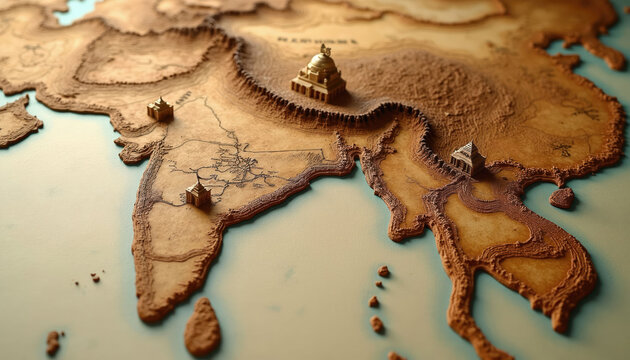 Ancient map shows India s trade routes with neighbors. 3D relief shows geography and settlements. Golden temples mark key locations. Shows historical connectivity and exchange.