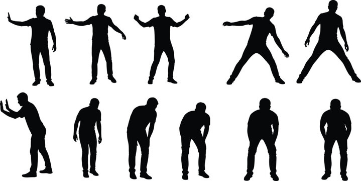 Set of black silhouettes showing a man in various expressive standing poses including pushing gesturing and leaning isolated on white background