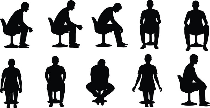 Set of black silhouettes showing people in various sitting poses on chairs including relaxed, waiting, and hunched positions isolated on white background