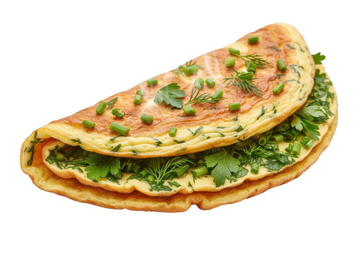 Delicious folded omelet with herbs isolated on transparent background
