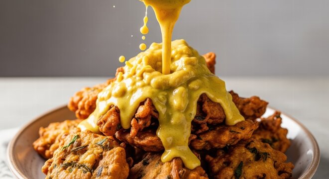 Delicious Indian Kadhi poured over crispy Pakora fritters in a bowl
