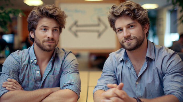 Two co-founders seated on opposite ends of a long empty table, body language turned away, whiteboard between them showing diverging roadmap arrows, sterile office light, ideal for co-founder conflic
