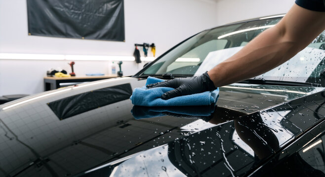 Detailing a black car hood with a blue microfiber cloth. Professional vehicle paint care and maintenance service