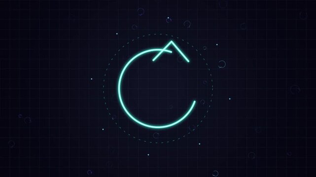 Glowing neon circular refresh arrow icon rotating on digital grid background