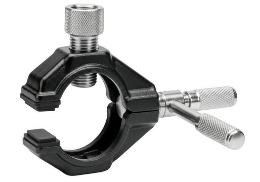 Black metal pipe clamp with silver screws