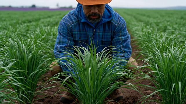 Biomass energy crop field of switchgrass at peak height in spring, rows stretching to the horizon, a researcher crouching to collect soil samples, overcast sky creating soft even light, ideal for bi
