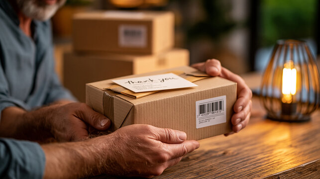Close-up of a bootstrapped founder's hands sealing a plain brown shipping box by lamplight, a stack of identical boxes behind them, a handwritten thank-you card resting on top, perfect for small bus