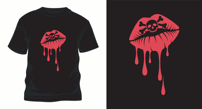 Lips t shir design with skull and dripping effect.