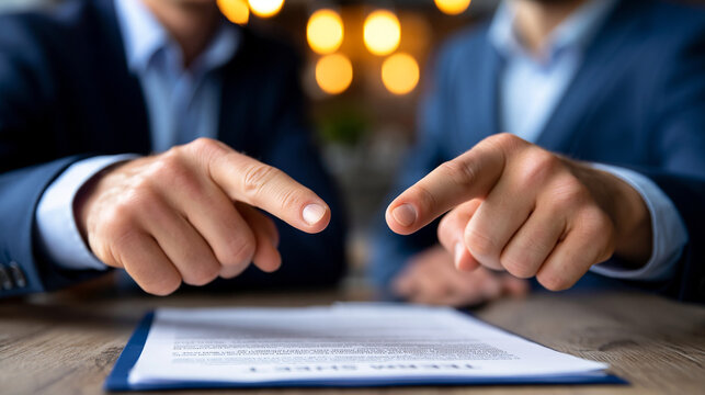 Close-up of two hands pointing at competing sections of a term sheet, each finger on a different clause, tension readable without facial expression, cool legal office light, ideal for equity negotia