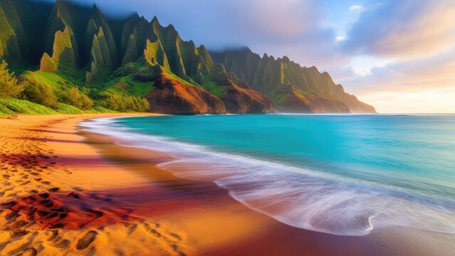 tropical na pali coast sunset beach with golden sand and turquoise waves