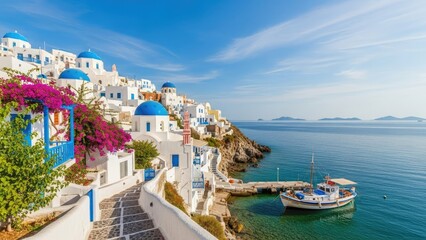 colorful santorini greece waterfront houses with blue domes and blooming flowers under clear sky © Davendra