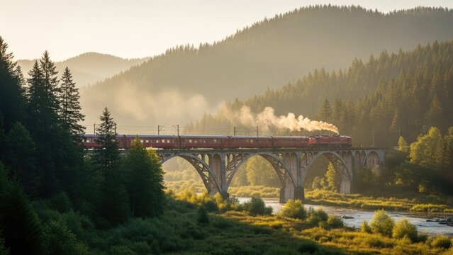 steam train crossing historic wooden bridge over misty forest river at sunrise
