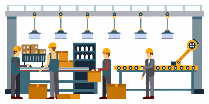 Factory workers on production line flat vector illustration on white background