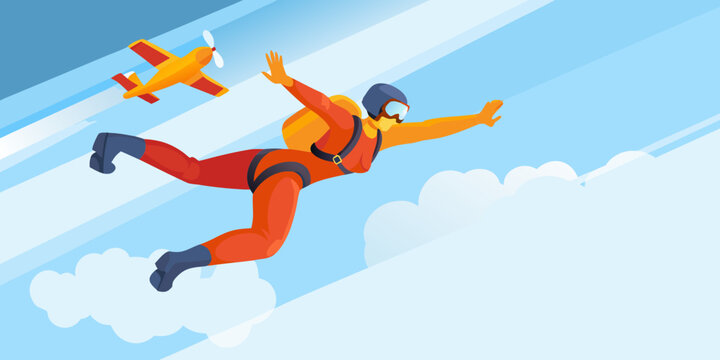 Skydiver in free fall with airplane vector illustration