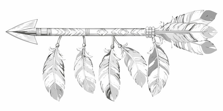 Arrow with feathers tribal style sketch on white background