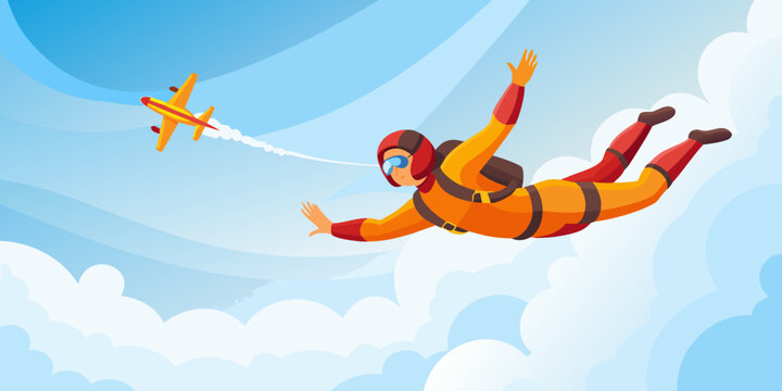 Skydiver in free fall with airplane vector illustration