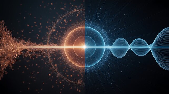 Abstract collision of orange energy and blue wave forms with abstract, collision