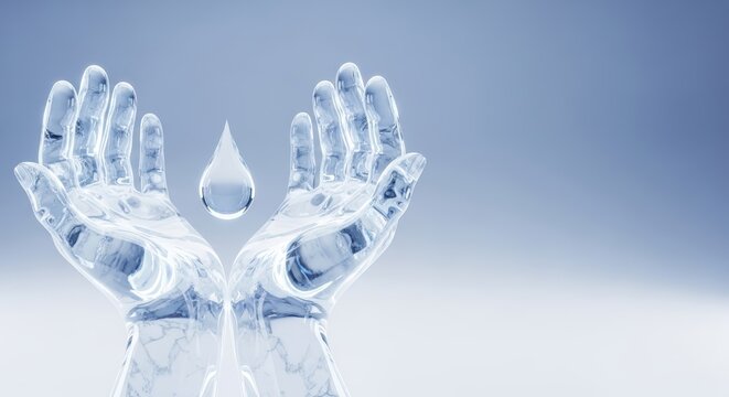 Glass hands holding water drop.