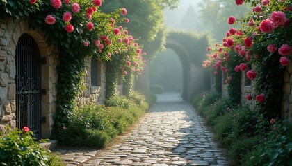 Fototapeta premium Stone wall pathway bordered by blooming roses and lush green plants. An arched gateway shrouded in morning mist creates a mystical, inviting atmosphere for serene garden strolls.