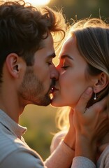 Fototapeta premium Young couple shares passionate kiss outdoors in warm sunlight. Man, woman embrace tenderly, showing love, connection. Their faces close, eyes shut in moment of shared affection. Natural background.