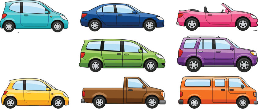 Colorful car collection set with hatchback sedan convertible minivan pickup and SUV vehicles isolated automotive illustration