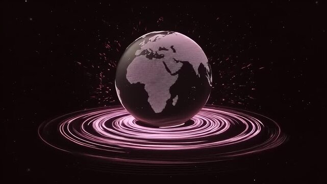 Digital terrestrial sphere with glowing pink energy rings against dark starry backdrop