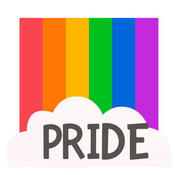 Rainbow flag background featuring a cloud design with the word pride centered in bold text to celebrate equality and human rights awareness during the annual month of unity and social acceptance.