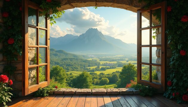 View from rustic stone house window opens to lush green valley mountain range and sunlit sky. Wooden balcony with roses overlooks scenic landscape. Serene rural getaway.