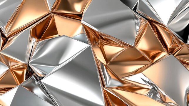 Abstract geometric shapes in metallic copper and silver.