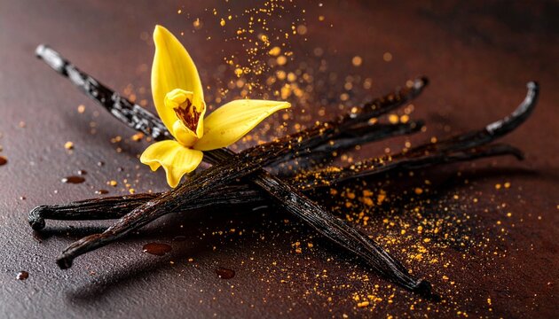 Dark vanilla pods on wooden surface with bright yellow vanilla flower, golden particles scattered around, striking contrast highlighting natural origin and flavor.